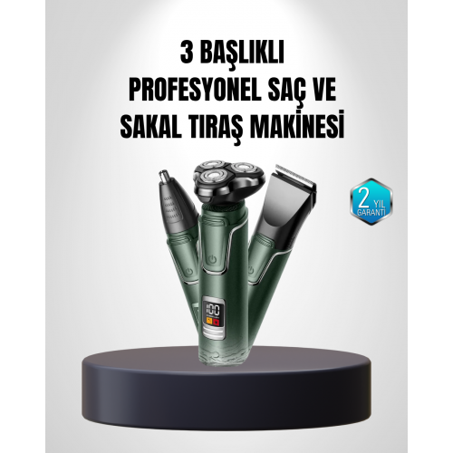 3D Akıllı Kesim Teknolojili Şarjlı Tıraş Seti – 3 Başlıklı Paslanmaz Çelik Bıçaklı