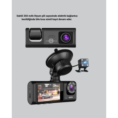 Üç Kameralı Araç DVR Full HD Gece Görüşlü ve 2 inç IPS Ekranlı