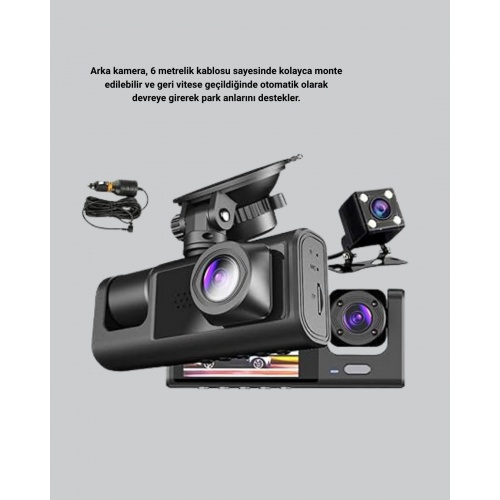 Üç Kameralı Araç DVR Full HD Gece Görüşlü ve 2 inç IPS Ekranlı