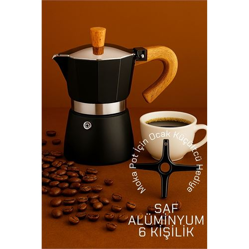 HSNET Italyan Moka Pot - 6061 Saf Alüminyum  Ahşap Saplı - 6 kişilik SİYAH