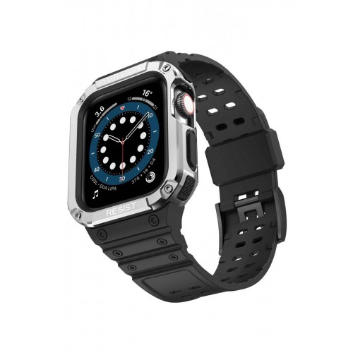 Apple Watch 42mm KR401 Silikon Kordon - Siyah-Gümüş-(5796)