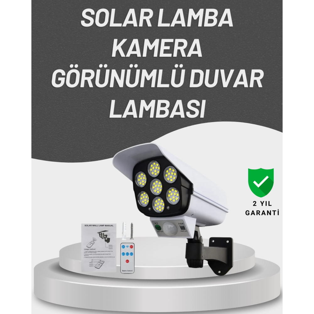 77 LED'li Güneş Enerjili Güvenlik Lambası ve Kukla Kamera – Hareket Sensörlü 2400mAh Pilli