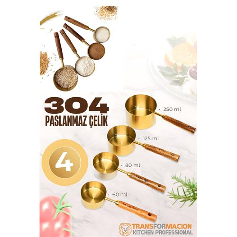 HSNET 4 lü Ölçü Kabı 304 Paslanmaz Çelik Masif Ahşap Saplı