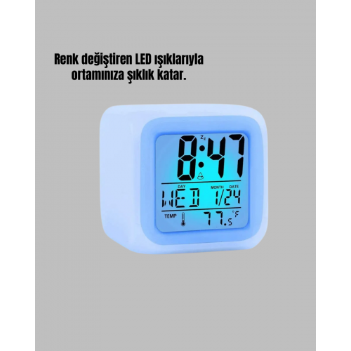 Kronometre ve Takvim Destekli Renk Değiştiren LED Dijital Küp Saat
