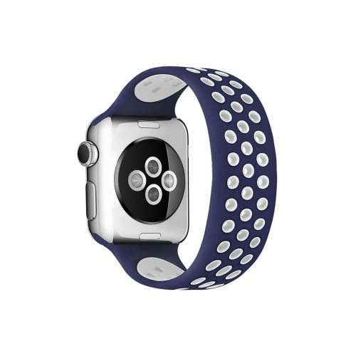 Apple Watch 38mm Ayarlı Delikli Silikon Kordon - Lacivert-Beyaz-(5796)