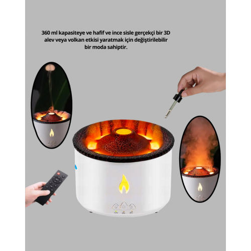 Alev Efektli Aromaterapi Difüzörü – 360 ml Su Hazneli Sessiz ve Zaman Ayarlı