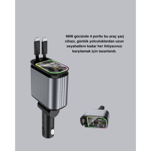 Araç Şarj Cihazı 66W 4 Portlu Hızlı Şarj ve LED Işıklı