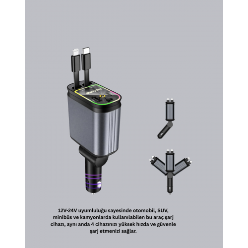 Araç Şarj Cihazı 66W 4 Portlu Hızlı Şarj ve LED Işıklı