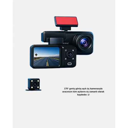 Üç Kameralı Dash Cam 170° Geniş Açılı Full HD Gece Görüşlü Üç Kameralı Dash Cam 170° Geniş Açılı Full HD Gece Görüşlü