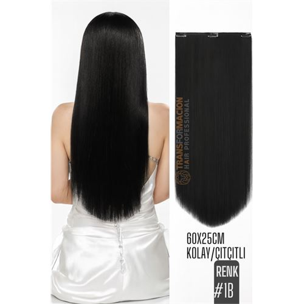 Doğal Görünümlü Düz Siyah Sentetik Kaynak Saç – RENK KOD:#1B  Kolay Tak Çıkar Işıltılı Etki!