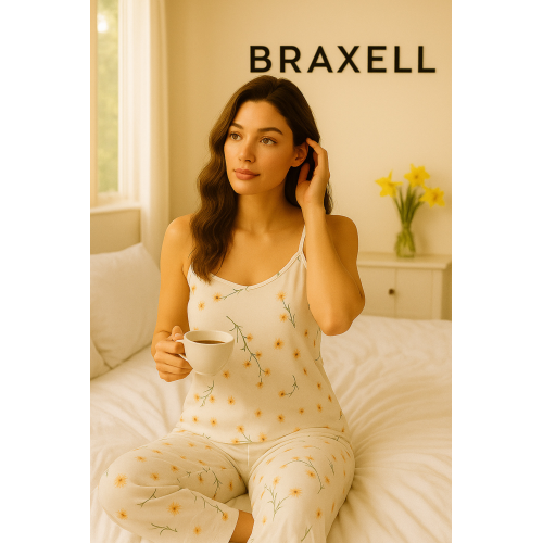 Kadın Beyaz İp Askılı Çiçek Desenli Pijama Takımı-(17952)