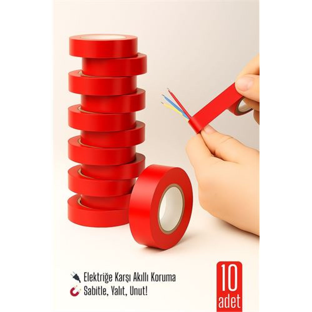 10'LU KIRMIZI Elektrik  Bandı – Yüksek Yalıtım Gücü Kablo Sabitleme ve Elektrik Koruma İçin
