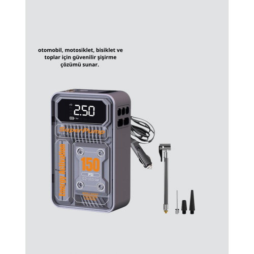Şarjlı Kablosuz Hava Pompası – 150 PSI Basınç LED Ekran ve 6000mAh Batarya