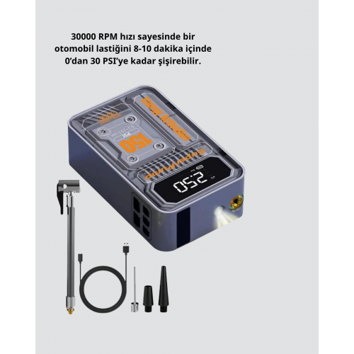 Şarjlı Kablosuz Hava Pompası – 150 PSI Basınç LED Ekran ve 6000mAh Batarya