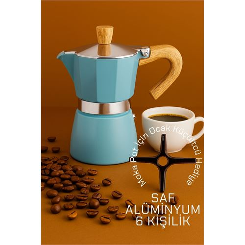 HSNET Italyan Moka Pot - 6061 Saf Alüminyum  Ahşap Saplı - 6 kişilik MAVİ