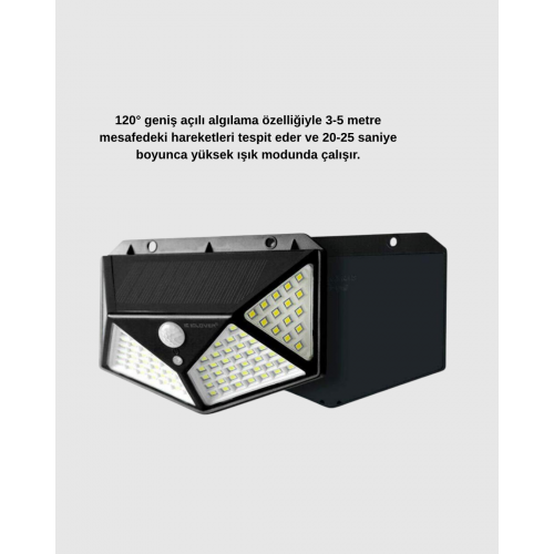 Güneş Enerjili 100 LED Dış Mekan Lamba – Hareket Sensörlü 2200mAh Bataryalı Solar Aydınlatma