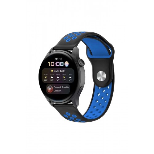 Watch 20mm Spor Delikli Kordon - Siyah-Mavi-(5796)