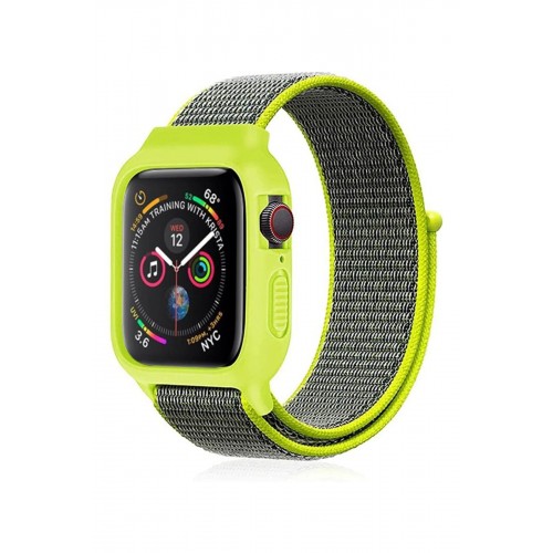 Apple Watch 38mm Hasırlı Cırtcırtlı Kasalı Kordon - Yeşil-(5796)