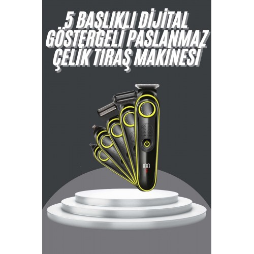5 Başlıklı Şarjlı Tıraş Makinesi Led Ekran Saç Sakal Ense Tıraşına Uygun Bakım Seti