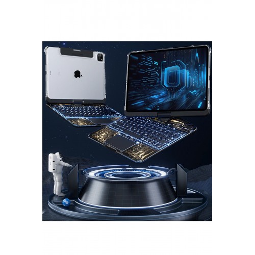 JP11 iPad Pro 11 (2022) Kılıf Vales Dönen Ledli Klavyeli Tablet Kılıfı - Siyah-(5796)