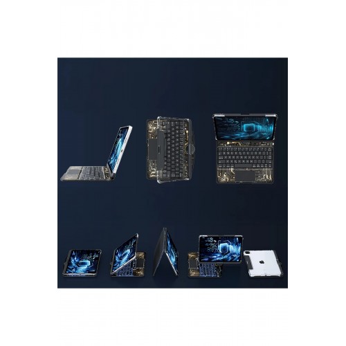 JP11 iPad Pro 11 (2022) Kılıf Vales Dönen Ledli Klavyeli Tablet Kılıfı - Siyah-(5796)