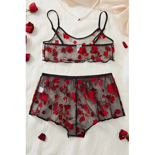 Çiçek Desenli Siyah Transparan Şortlu Gecelik TM1377 Çiçek Desenli Siyah Transparan Şortlu Gecelik TM1377