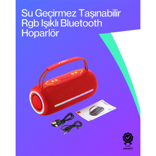 360 RGB LED'li Taşınabilir Bluetooth Hoparlör – Kırmızı USB/TF Destekli