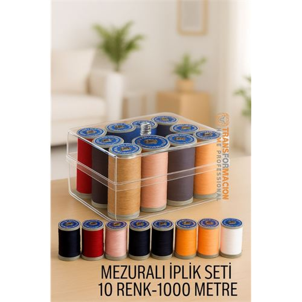 HSNET Dikiş İpliği Seti - 10 Renk 1000 Mt Kutulu Mezuralı Dikiş Seti