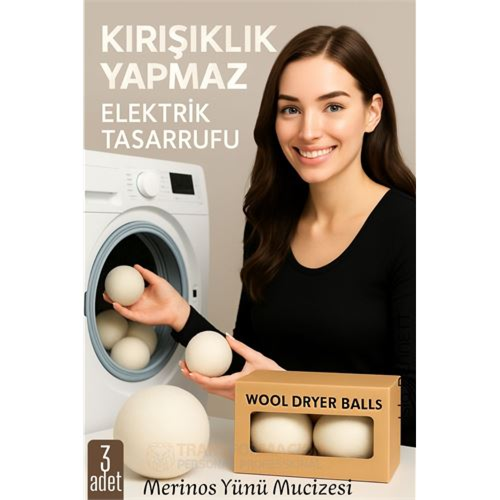 3’lü Kurutma Makina Topu – Merinos Yün Kurutma Topları Doğal Yumuşatıcı Kırışık Önleyici Enerji Tasarruflu