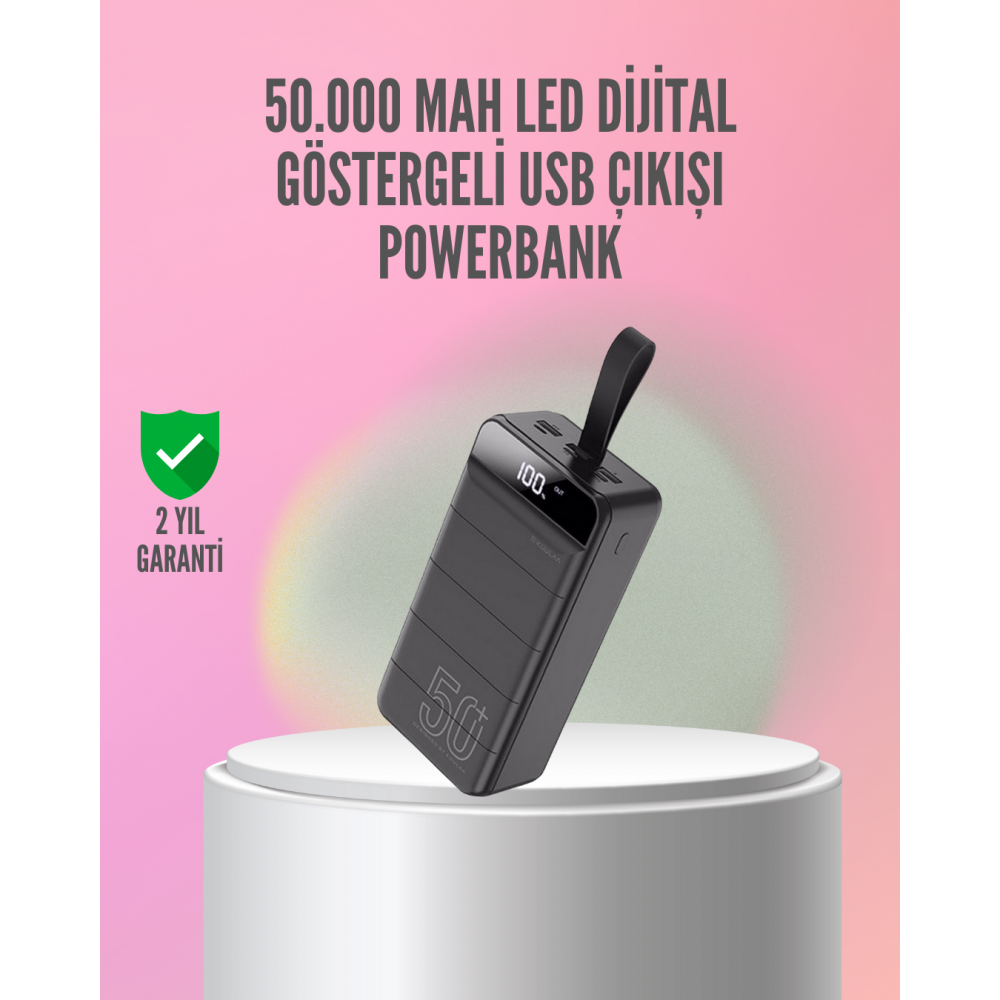 50.000 mAh Ultra Güçlü Powerbank 4 USB Çıkışlı LED Dijital Göstergeli Hızlı Şarj Destekli Taşınabilir Şarj Cihazı
