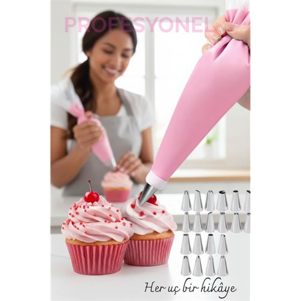 20 Uçlu Pasta Süsleme Seti – 2 Krema Torbası Paslanmaz Uçlar Profesyonel ve Ev Kullanımı İçin