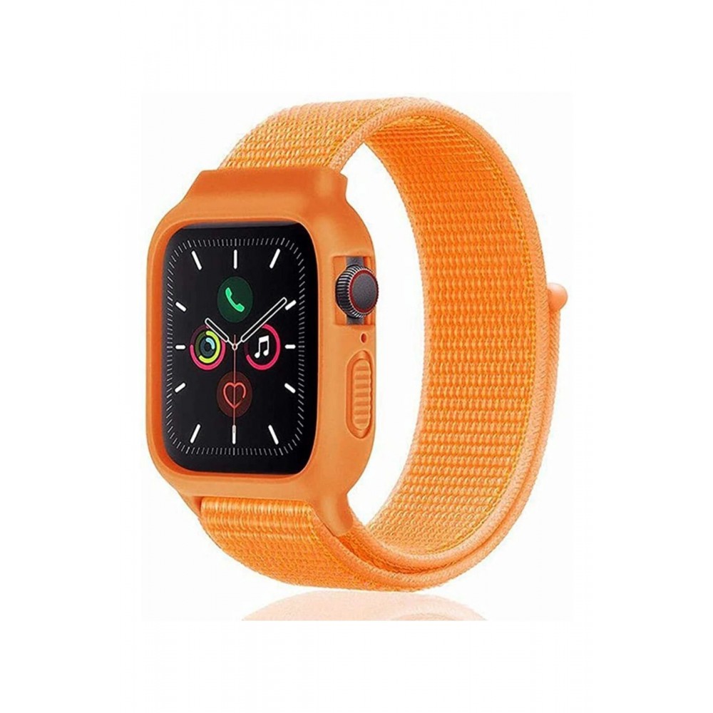 Apple Watch 42mm Hasırlı Cırtcırtlı Kasalı Kordon - Turuncu-(5796)