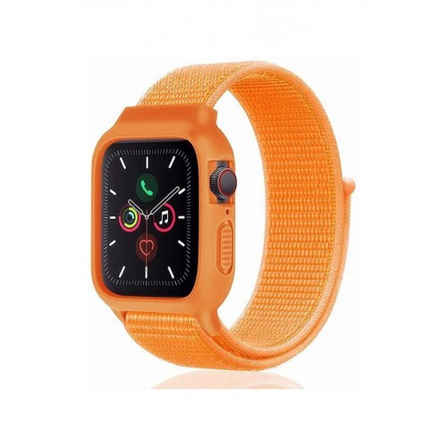 Apple Watch 42mm Hasırlı Cırtcırtlı Kasalı Kordon - Turuncu-(5796)