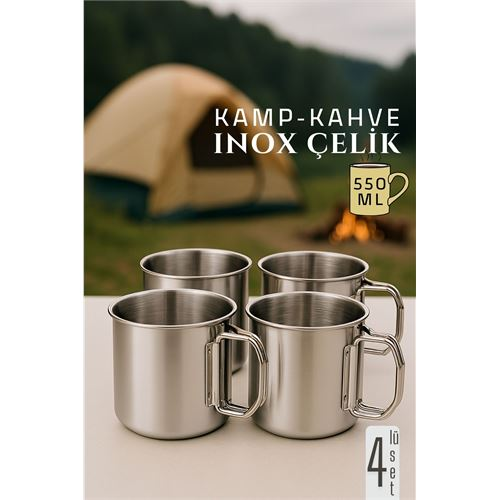 HSNET Inox Çelik Kamp Kupası - Kamp Bardağı 550 ml 4 LÜ SET