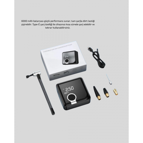 Dijital Ekranlı Şarjlı Hava Kompresörü 150 PSI Güçlü Motorlu