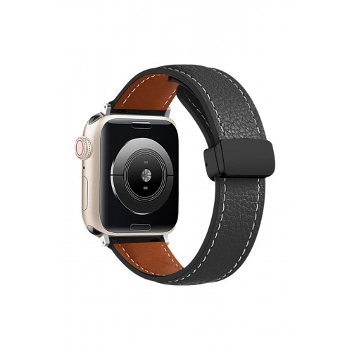 Apple Watch 38mm KR414 Daks Deri Kordon - Siyah-(5796)