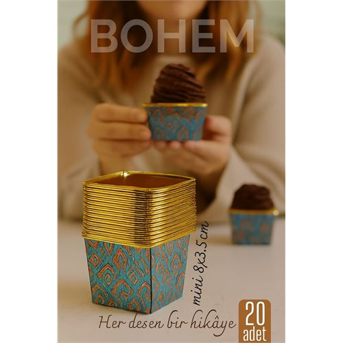Bohem Kare Kek Kalıbı  Alüminyum  Cupcake Muffin Kalıbı 20'li Paket