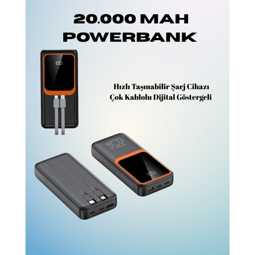 20000 mAh Powerbank | Çok Kablolu Dijital Göstergeli Yüksek Hızlı Şarj Cihazı