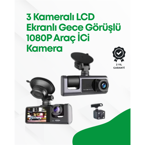 2.0” LCD Ekranlı Döngüsel Kayıt Özellikli Üç Kameralı Oto Kamera