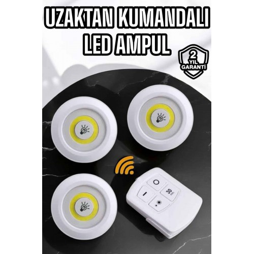 Spot Lamba Led Işık 3'lü Uzaktan Kumandalı Pilli Yapışkanlı Kablosuz