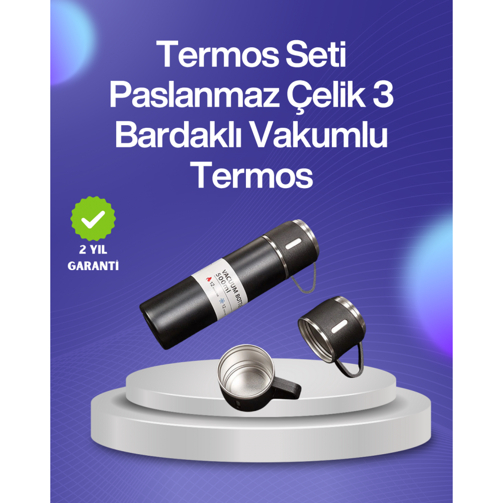 Isıyı Uzun Süre Koruyan 500 ml Termos Seti | Çelik Gövde 2 Bardaklı Hediye Kutulu