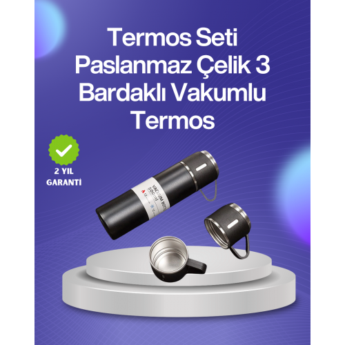 Isıyı Uzun Süre Koruyan 500 ml Termos Seti | Çelik Gövde 2 Bardaklı Hediye Kutulu