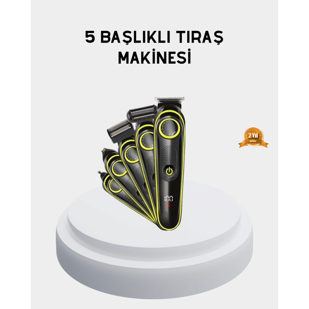 5’i 1 Arada Şarjlı Tıraş Makinesi – Paslanmaz Çelik Başlıklı Yüz ve Vücut Bakım Cihazı