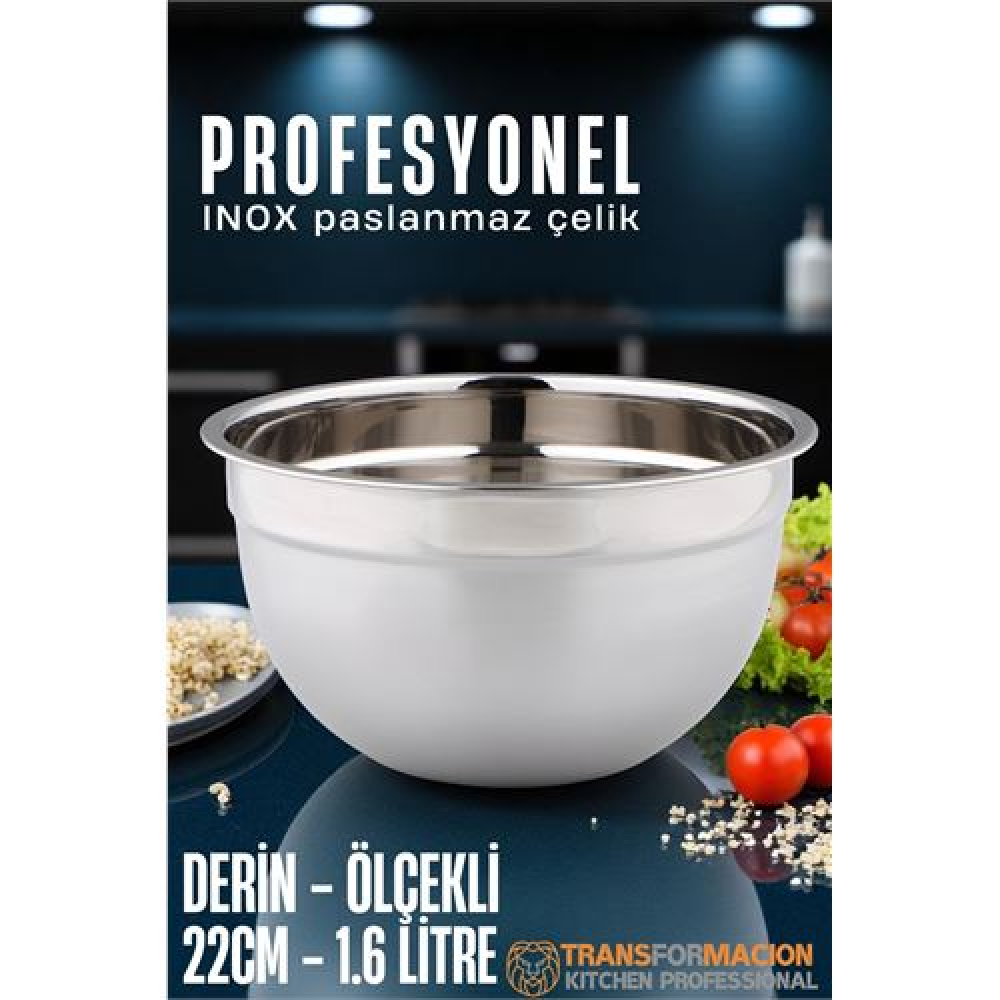 HSNET Inox Ölçekli Derin Kase  - 22 Cm 1.6 Litre Karıştırma Kabı Profesyonel 304 Paslanmaz Çelik