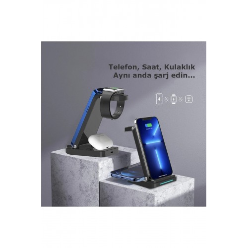 S90 4in1 Kablosuz Şarj Masaüstü Set - Siyah-(5796)