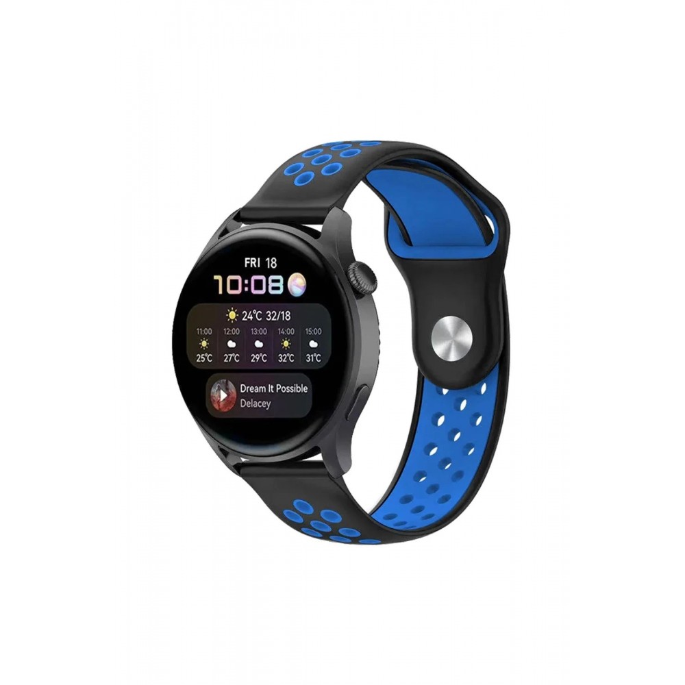 Watch 22mm Spor Delikli Kordon - Siyah-Mavi-(5796)