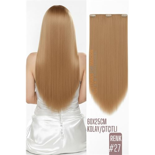 Doğal Görünümlü Düz Siyah Sentetik Kaynak Saç – RENK KOD:#27  Kolay Tak Çıkar Işıltılı Etki!