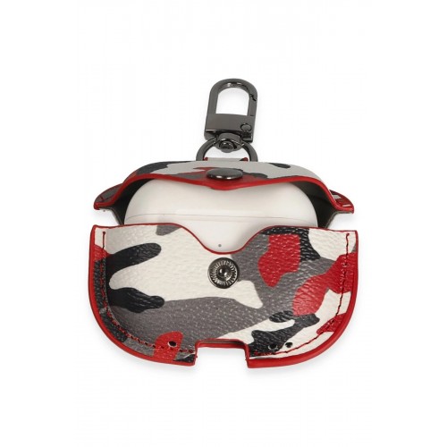 Airpods 3 (3.nesil) Çanta Kamuflaj Deri Kılıf - Kırmızı-(5796)