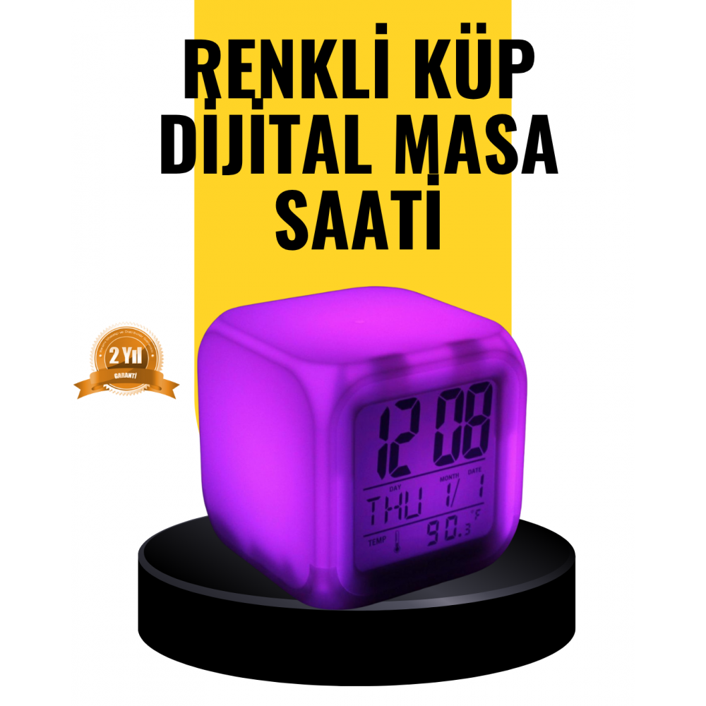 7 Renk LED Işıklı Alarmlı Dijital Küp Masa Saati Termometreli