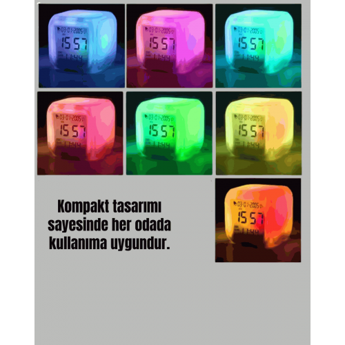 7 Renk LED Işıklı Alarmlı Dijital Küp Masa Saati Termometreli